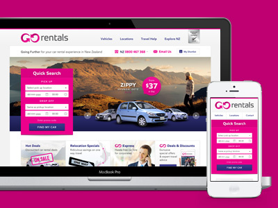 Go Rentals new responsive site blue car gallery grid hire pink price rental responsive search web white