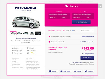 Go Rentals vehicle detail popup blue car gallery modal pink popup price rental responsive search web white