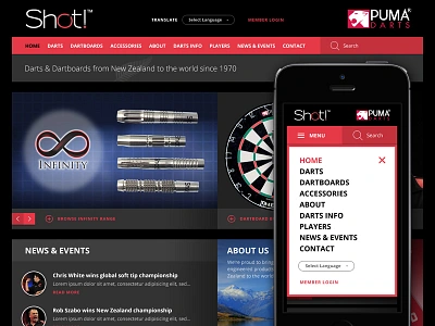 Shot! / Puma Darts responsive site black catalogue dark dart dartboard grey grid mobile new zealand red responsive web