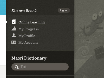 Korero Maori Online menu black blue dictionary grey maori menu nav noise search sidebar web white
