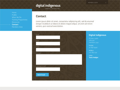 Digital Indigenous Contact anivers block blue brown contact form nav pattern triangle web