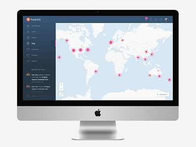 PredictHQ App Map app blue dot event interface location map pin pink responsive web white