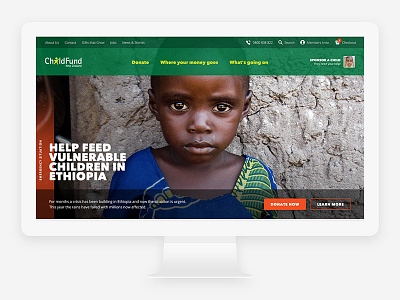 ChildFund NZ Homepage charity children green interface mobile new zealand red responsive transparency ui web