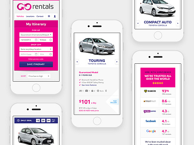 GO Rentals redesigned mobile vehicles page auckland car deal hire listing new zealand pink rental responsive sale search web