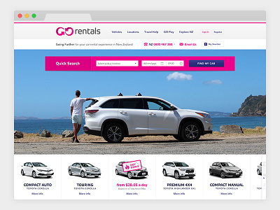 GO Rentals redesigned homepage auckland car deal hire listing new zealand pink rental responsive sale search web