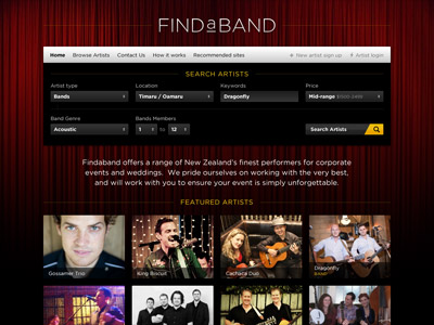 Findaband home page artist band black button entertainment form grid logo photos red search web white yellow