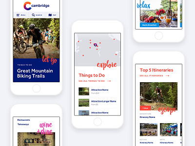 Cambridge mobile views accommodation activities directory events grid layout map mobile new zealand responsive web