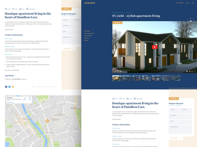 Assured property listing page blue branding gold grid investment layout map new zealand property responsive typography web