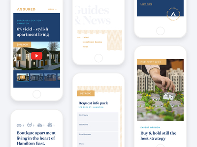 Assured mobile design samples blue branding gold grid investment layout mobile new zealand property responsive typography web