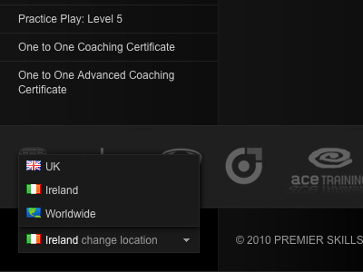 Premier Skills location switcher web black gray menu drop-down hover switch location country flag