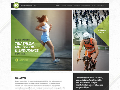 Go Beyond Limits homepage concept angle athlete black block diagonal endurance green grey photo stripe training triathlon web white