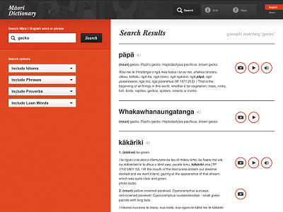 Maori Dictionary iPad App Search Results