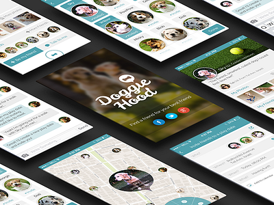 Doggiehood app dog dogs flat design graphic design interactive design iphone map play date search social network walk