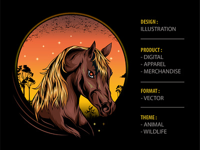 Vector horse head illustration with dusk background animal apparel design artwork branding design illustration logo tshirtdesign vector wildlife