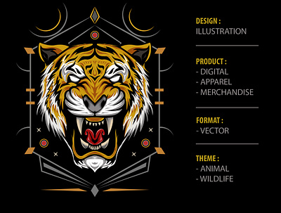 The Tiger head illustration on the black background. accessories animal apparel design artwork branding design illustration logo tshirtdesign vector