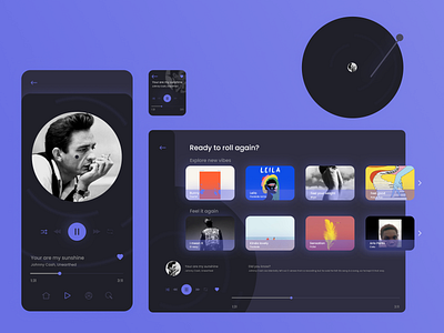 Music player for different devices 2021 app clean clean ui dailyui design desktop desktop design device devices music music app music app ui responsive responsive design ui uidesign uxui vinyl webdesign