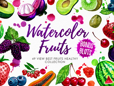 Watercolor Fruit 03 avocados blots blueberry cerry design food fruits healthy healthy eating healthy food healthy lifestyle illustraion kiwi mangosteen mulberry papaya raspberry strawberry watercolor watermelon