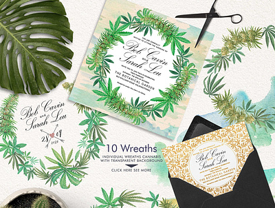 Watercolor Marijuana art background cannabis cards design flower frames graphic illustraion invitations leaves marijuana patterns sativa watercolor
