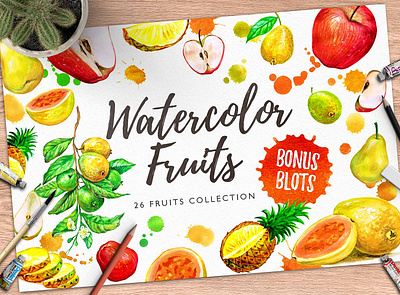 Watercolor Fruits 01 apple background design food fruits graphic guava illustraion juices leaves logo pattern pear pineapples summer party watercolor