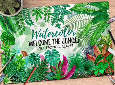 Tropical Leaves in the Jungle background cards design exotic frame graphic hand drawn illustraion invitations jungle leaves pattern tropical watercolor