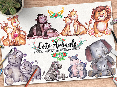 Watercolor Cute Animals animals cards cute design flower frames graphic illustraion invitations pattern watercolor