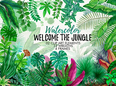 Watercolor Tropical Leaves in the Jungle cards design flower graphic illustration invitations jungle leaves pattern tropical tropics watercolor