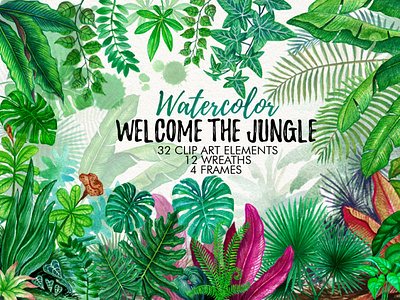 Watercolor Tropical Leaves in the Jungle