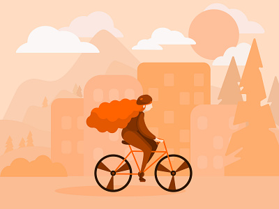 Autumn by bike autumn bike character city flat girl houses illustration mountains orange trees vector