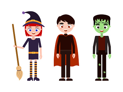 Halloween costumes for kids. Witch, Dracula and Frankenstein.