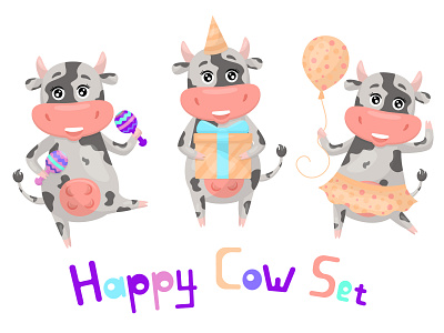 Spotted cow. Holiday set. ballon cap cartoon celebrate celebration character colorful cow cute animals design flat gift happy birthday holiday illustration set shakers skirt spotted vector