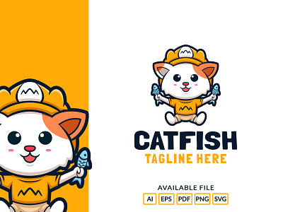 Cartoon cute Catfish logo branding cartoon cat character cute design fish icon illustration logo mascot vector