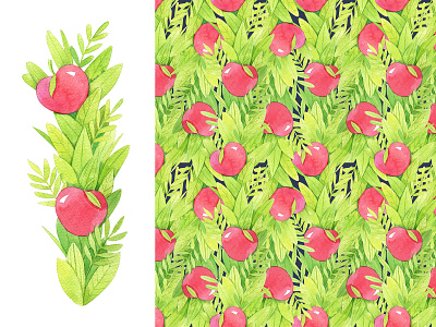 Pattern with watercolor Apples design hand drawn illustration watercolor