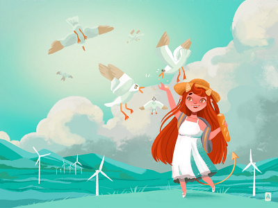 The girl feeds seagulls cute girl illustration illustration art illustrations landscape seagull seagulls windmill