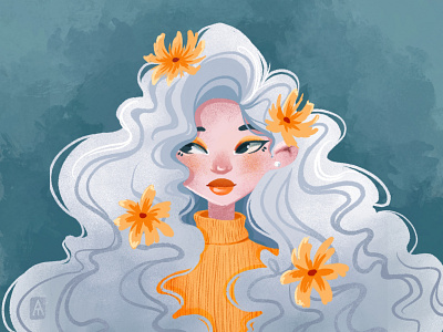 Girl with yellow flowers in her hair cute floral flowers flowers illustration girl girl character illustration illustration art illustrations ipadproart