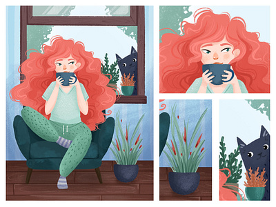 The redheaded girl and the uninvited guest cute floral girl girl character illustration illustration art illustrations ipadproart red redhair redhead