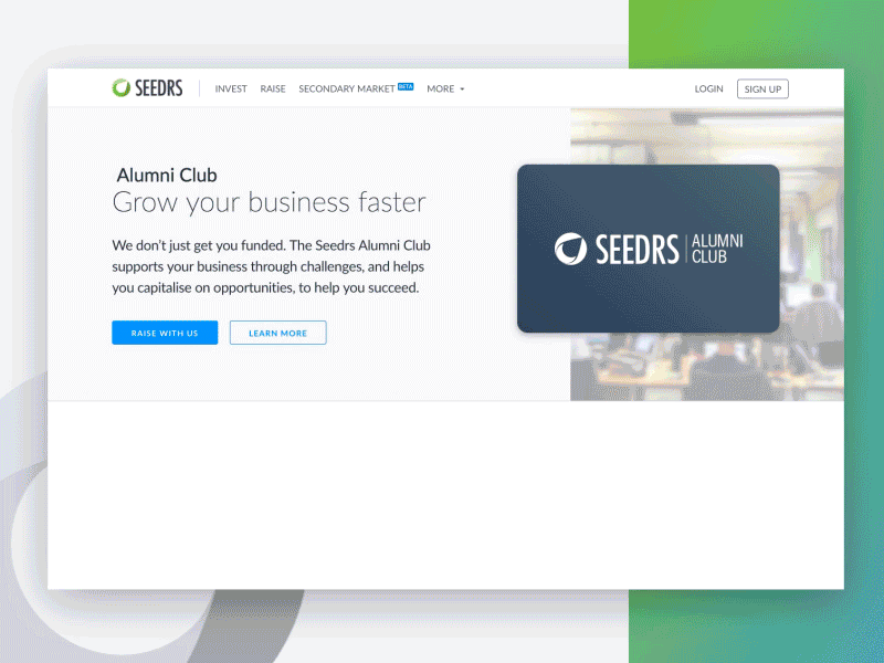 Alumni Club branding crowdfunding equilty fintech landing seedrs web page