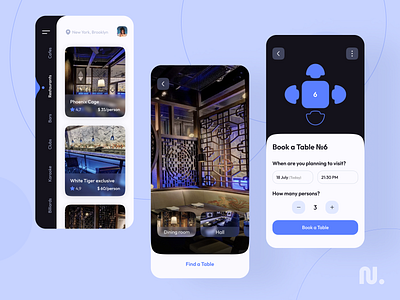 3D Restaurant App 3d tour app design blue dark theme interface ios app restaurant uxui