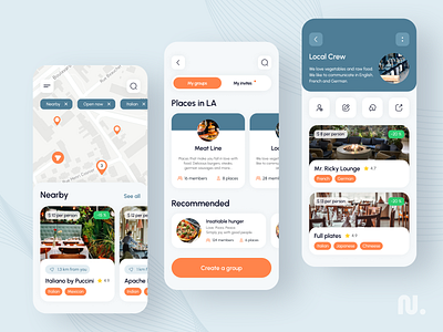 Restaurant Search App blue booking groups interaction interests mobile app orange restaurant uxui design