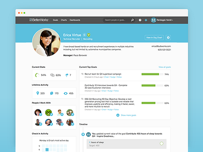 Work profile from BetterWorks accomplishments goals product profile timeline ui ux
