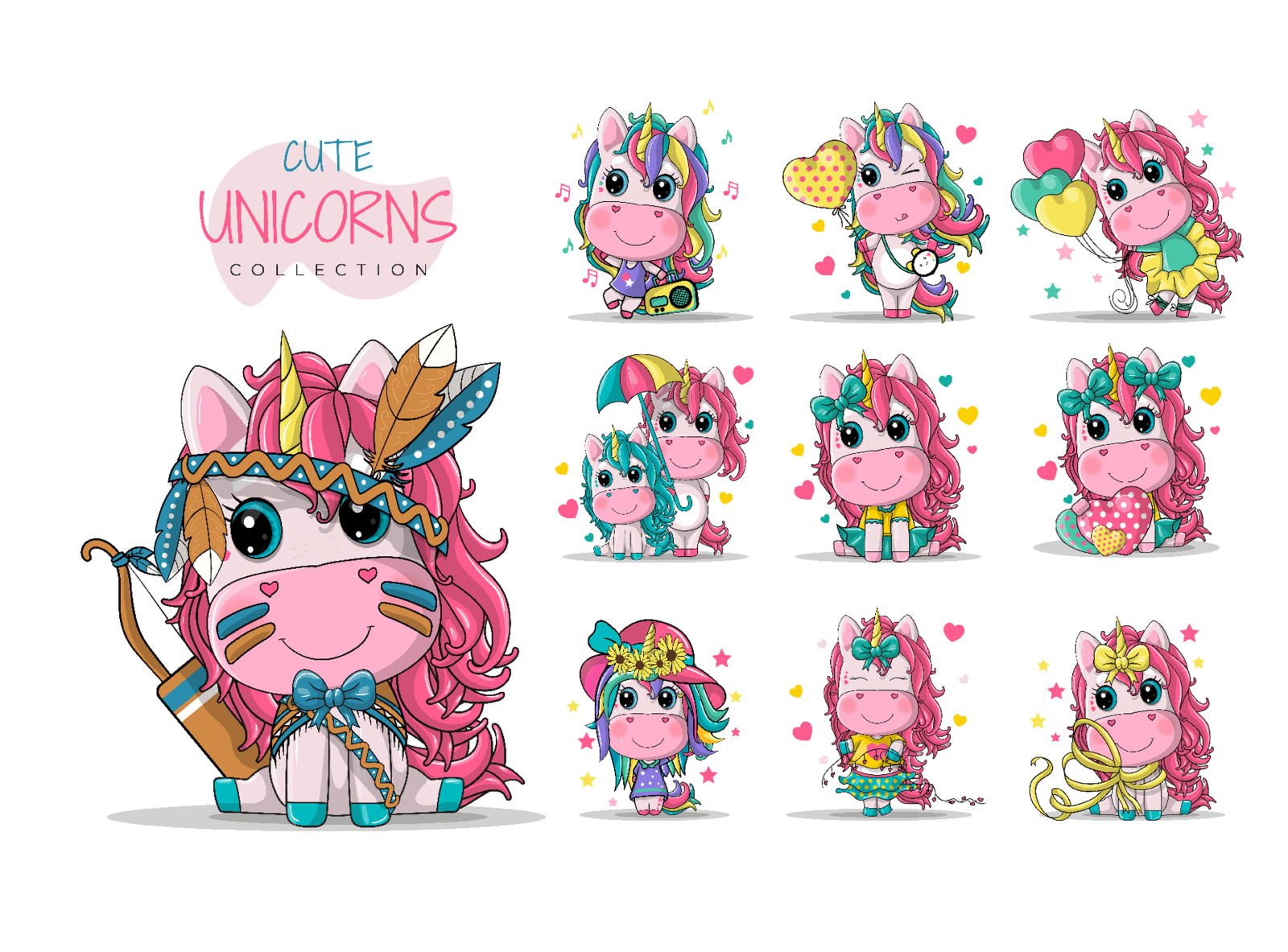 Set of Cute Cartoon Unicorns Clipart by maniacvector on Dribbble