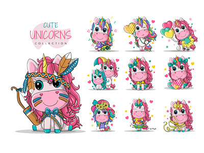 Set of Cute Cartoon Unicorns Clipart bundle clipart cute cute animal design illustration nursery poster unicorn
