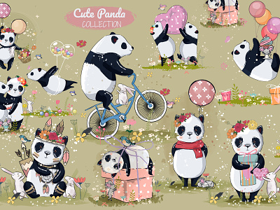 Hand Drawn Cute Panda Collection bundle clipart cute cute animal design illustration nursery panda pattern poster print