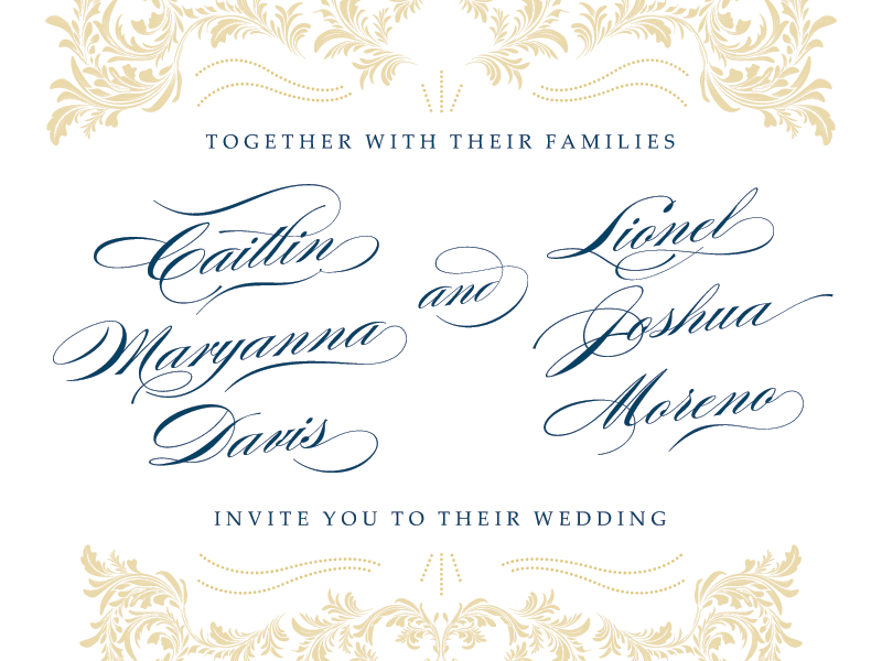 Wedding Invitation blue flourishes gold invitation script wedding