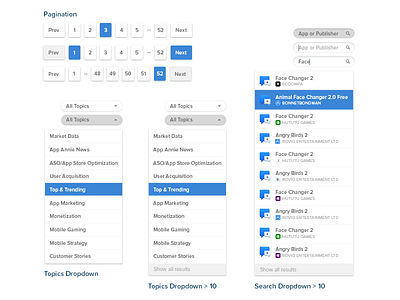 Insights UI active default dropdown inactive insights mouseover pagination search topics ui