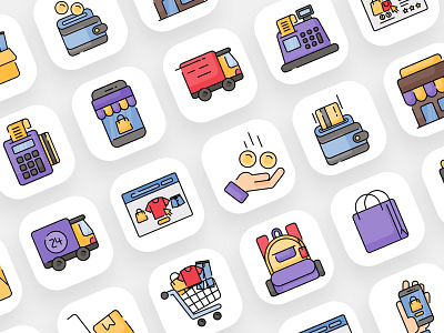 Shopping and ecommerce icon set come with Colorline style cart cashier clock color creative delibery truck ecommerce edc icon icon design modern outline payment payments sale shopping shopping bag shopping cart trolley web page