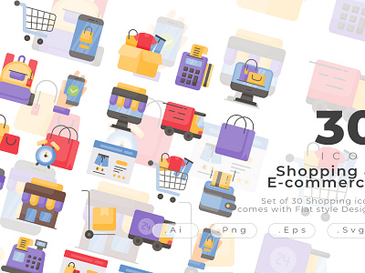 Shopping and ecommerce icon set come with flat style card clock color commerce creative delivery truck ecommerce groceries icon icon design modern online shop outline payment sale shopping shopping bag shopping baket shopping cart trolley