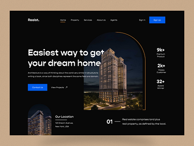 Real Estate - Web Header Dark Concept apartment architecture building hero section house landmark property website real estate real estate agency real estate ui real estate website residence ui design web design web header website design
