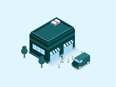 Delivery at a grocery store delivery grocery store illustration isometric isometric illustration retail tree truck vector