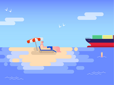 Little island beach boat cargo flat design illustration island sea vector water