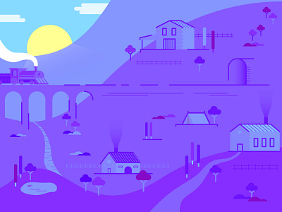 Purple Landscape countryside flat design house illustration landscape locomotive mountain river scenery thanos trees vector